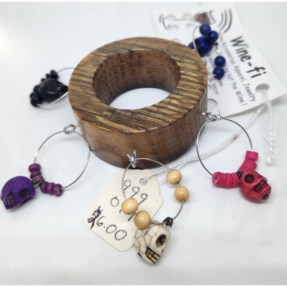 Skull Colorful Wine Glass Charms Set - 6  Themed Unique Charms With Beads & Wood - Picture 7 of 14